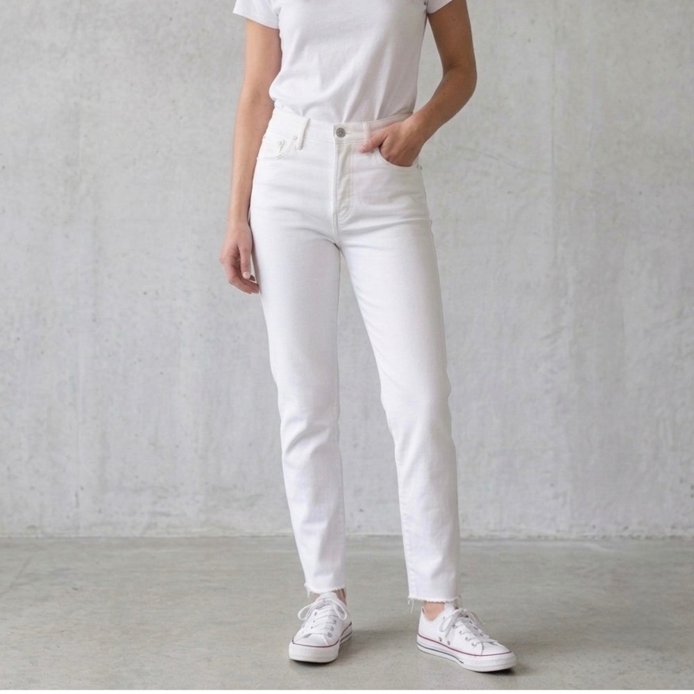 AMO Denim 2010s Sea Salt White Straight Crop Jeans Button Fly & Raw Hem Size 25